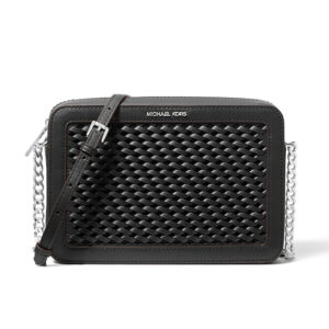 Bolsa Transversal Michael Kors Jet Set - Couro Trançado Preto E Ferragens Prata